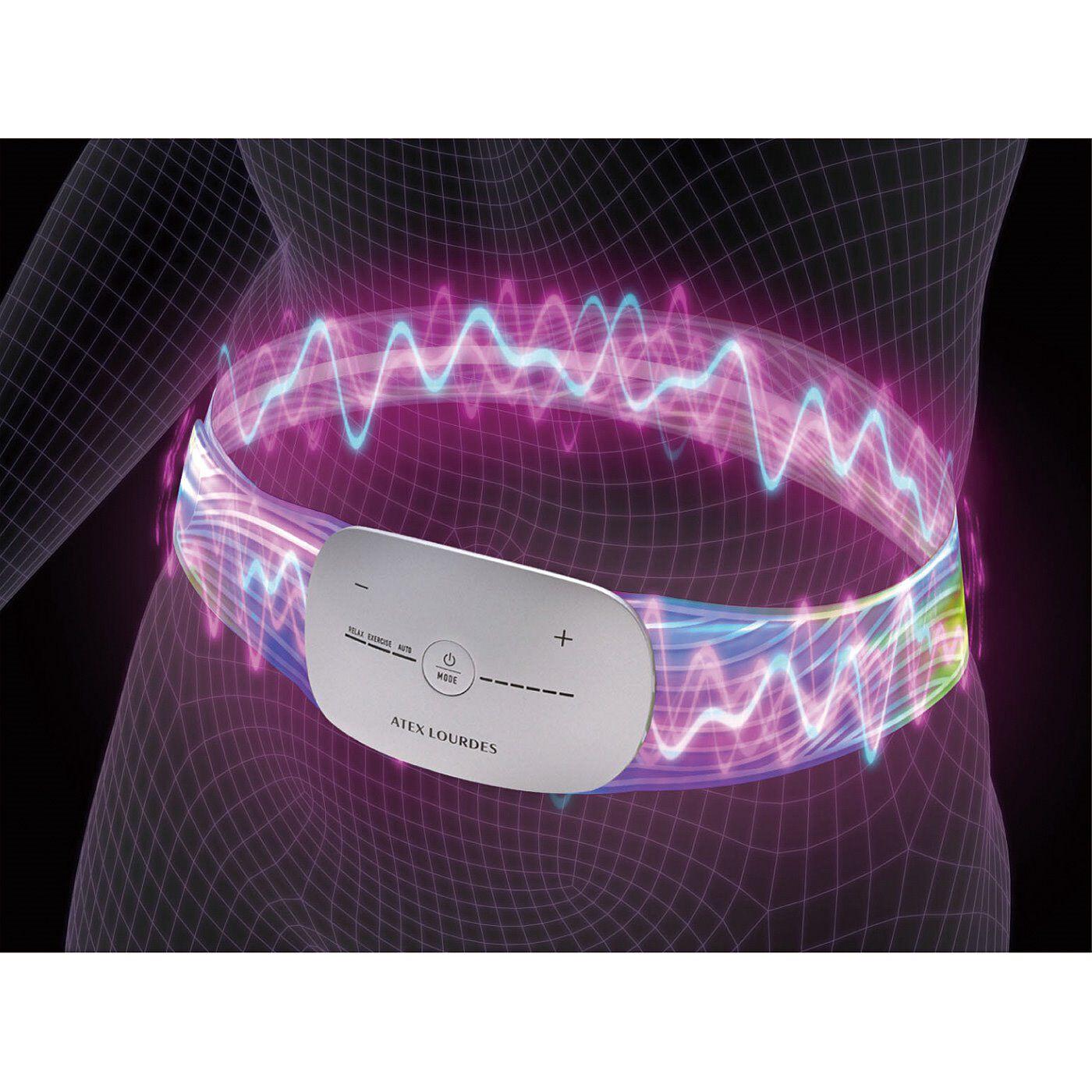 flufeel|気になるところに深く広くアプローチ　巻けるEMSベルトネクサ|従来品に比べ、通電面積が広範囲にアップ！電極がおなかまわりや背中、おしりの筋肉にアプローチ。